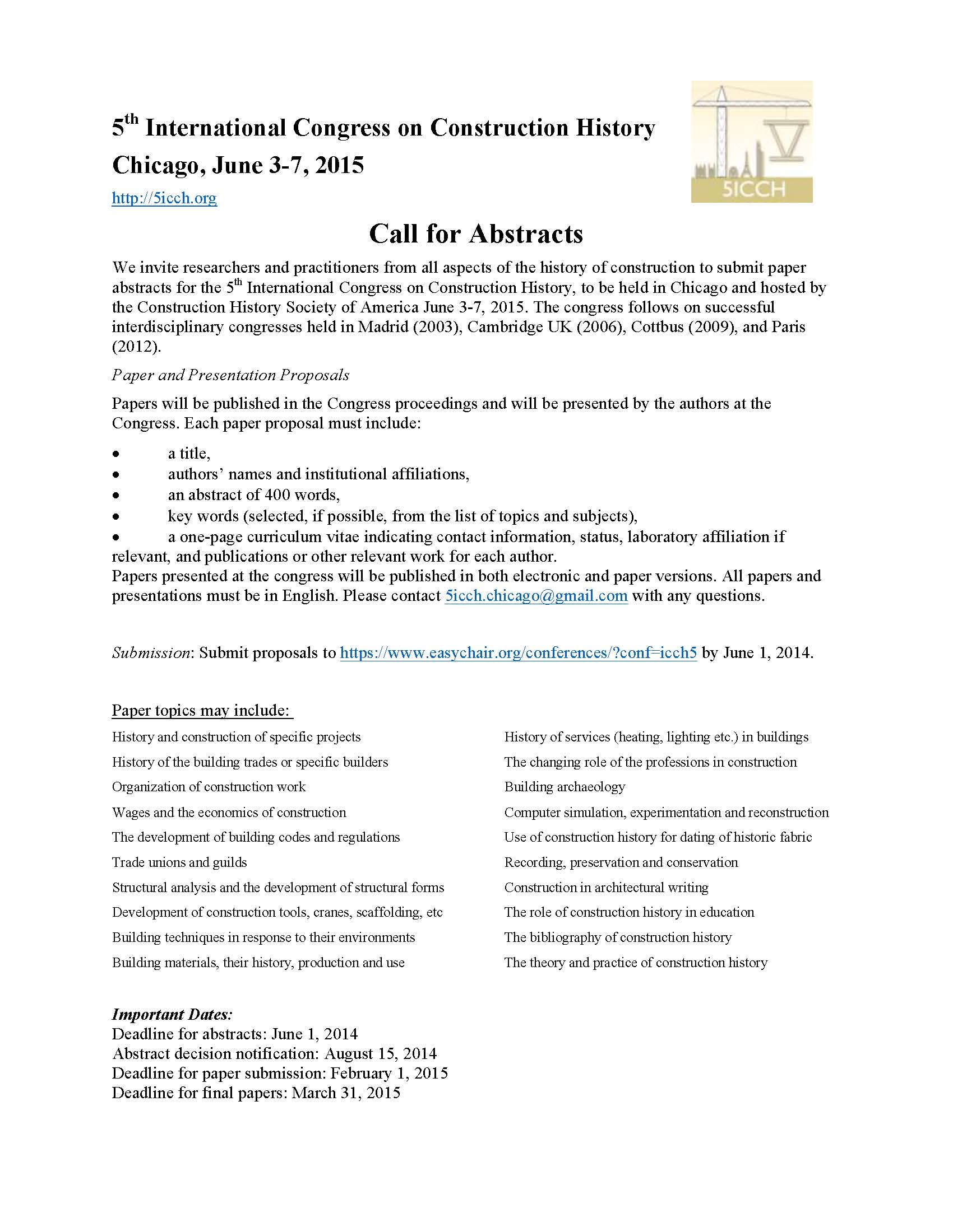 5th Annual Congress on Construction History Announcement